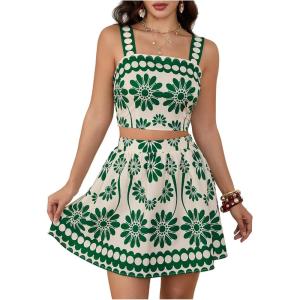 image:imageFloerns Womens Two Piece Outfit Tropical Crop Cami Top and Summer Skirts SetForest Green