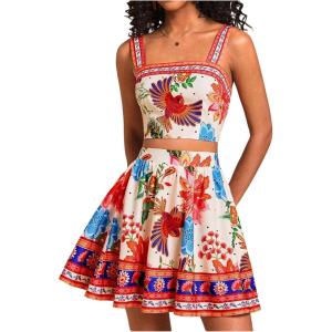 image:imageFloerns Womens Two Piece Outfit Tropical Crop Cami Top and Summer Skirts SetOrange Red Multi