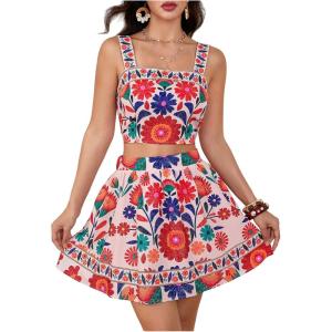 image:imageFloerns Womens Two Piece Outfit Tropical Crop Cami Top and Summer Skirts SetOrange and Beige