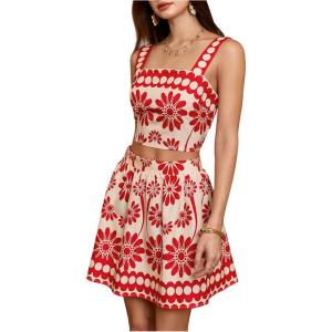 image:imageFloerns Womens Two Piece Outfit Tropical Crop Cami Top and Summer Skirts SetRed