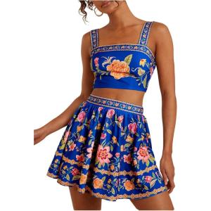 image:imageFloerns Womens Two Piece Outfit Tropical Crop Cami Top and Summer Skirts SetRoyal Blue