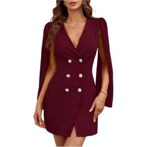 image:imageFloerns Womens V Neck Double Breasted Cape Blazer Split Sleeve Elegant Blazer DressBurgundy