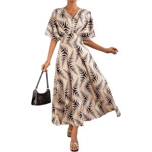 image:imageFloerns Womens V Neck Half Sleeve Ruched Cocktail Evening A Line Long DressApricot and Black