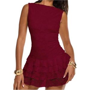 image:imageFloerns Womens Western Tank Dress Sleeveless Lace Layered Hem Cowboy Music Festival Mini Dresses Without BeltBurgundy