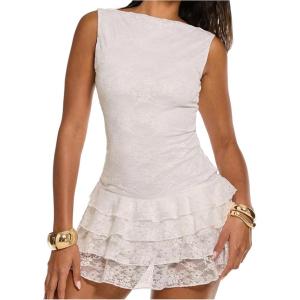 image:imageFloerns Womens Western Tank Dress Sleeveless Lace Layered Hem Cowboy Music Festival Mini Dresses Without BeltWhite