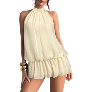 image:imageFloerns Womens Y2k Summer Halter Dress Tie Open Back Sleeveless Ruffle Hem Bubble Going Out Mini DressesApricot