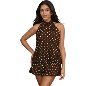 image:imageFloerns Womens Y2k Summer Halter Dress Tie Open Back Sleeveless Ruffle Hem Bubble Going Out Mini DressesBrown Polka Dots