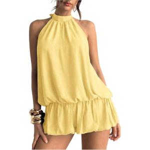 image:imageFloerns Womens Y2k Summer Halter Dress Tie Open Back Sleeveless Ruffle Hem Bubble Going Out Mini DressesButter Yellow Solid