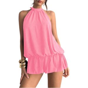 image:imageFloerns Womens Y2k Summer Halter Dress Tie Open Back Sleeveless Ruffle Hem Bubble Going Out Mini DressesSoft Pink