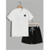 image:imageFloerns Mens 2 Piece Tracksuit Slogan Print Tee Shirt Drawstring Waist Shorts SetBlack Ink White