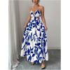 image:imageFloerns Womens Cut Out Tie Back Boho Maxi Dress Spaghetti Strap Beach Vacation Tiered Long DressesBlue and White