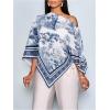 image:imageFloerns Womens Elegant Graphic Off The Shoulder Tops Hanky Hem Summer Dressy Casual BlousesDark Blue