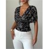image:imageFloerns Womens Floral Dolman Sleeve Boho Tops Deep V Neck Ruched Vacation Blouse TopsBlack