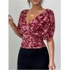 image:imageFloerns Womens Floral Dolman Sleeve Boho Tops Deep V Neck Ruched Vacation Blouse TopsBurgundy