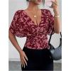 image:imageFloerns Womens Floral Dolman Sleeve Boho Tops Deep V Neck Ruched Vacation Blouse TopsBurgundy