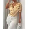 image:imageFloerns Womens Floral Dolman Sleeve Boho Tops Deep V Neck Ruched Vacation Blouse TopsYellow