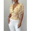 image:imageFloerns Womens Floral Dolman Sleeve Boho Tops Deep V Neck Ruched Vacation Blouse TopsYellow