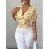 image:imageFloerns Womens Floral Dolman Sleeve Boho Tops Deep V Neck Ruched Vacation Blouse TopsYellow