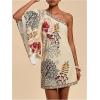 image:imageFloerns Womens Floral One Shoulder Mini Dress Dolman Sleeve Vacation Tunic DressesApricot