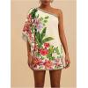 image:imageFloerns Womens Floral One Shoulder Mini Dress Dolman Sleeve Vacation Tunic DressesApricot and Green