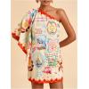 image:imageFloerns Womens Floral One Shoulder Mini Dress Dolman Sleeve Vacation Tunic DressesBeige Ocean
