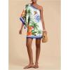 image:imageFloerns Womens Floral One Shoulder Mini Dress Dolman Sleeve Vacation Tunic DressesWhite Ivory Multi
