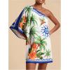 image:imageFloerns Womens Floral One Shoulder Mini Dress Dolman Sleeve Vacation Tunic DressesWhite Ivory Multi