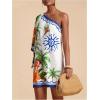 image:imageFloerns Womens Floral One Shoulder Mini Dress Dolman Sleeve Vacation Tunic DressesWhite Ivory Multi