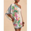 image:imageFloerns Womens Floral One Shoulder Mini Dress Dolman Sleeve Vacation Tunic DressesWhite Multi