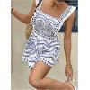 image:imageFloerns Womens Floral Print Ruffle Boho Sleeveless Romper Tie Backless Cut Out Summer Short JumpsuitBlue and White