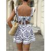 image:imageFloerns Womens Floral Print Ruffle Boho Sleeveless Romper Tie Backless Cut Out Summer Short JumpsuitBlue and White