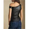 image:imageFloerns Womens Leather Off The Shoulder Tank Top Sleeveless Metal Street Night Out TopsBlack