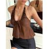 image:imageFloerns Womens Y2k Tie Front Halter Top Sleeveless Drawstring Flared Cute Peplum TopsBrown