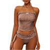 image:imageFloerns Womens 2 Piece Bikini Set Plaid Bow Halter Swimsuit Ruffle Trim Tube Top Beach TankiniCoffee Brown