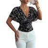 image:imageFloerns Womens Floral Dolman Sleeve Boho Tops Deep V Neck Ruched Vacation Blouse TopsBlack