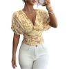 image:imageFloerns Womens Floral Dolman Sleeve Boho Tops Deep V Neck Ruched Vacation Blouse TopsYellow