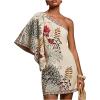 image:imageFloerns Womens Floral One Shoulder Mini Dress Dolman Sleeve Vacation Tunic DressesApricot