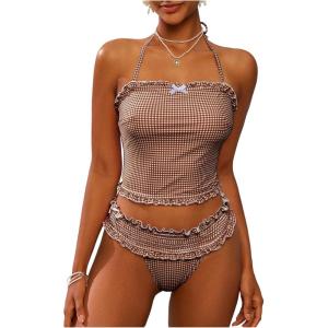 image:imageFloerns Womens 2 Piece Bikini Set Plaid Bow Halter Swimsuit Ruffle Trim Tube Top Beach TankiniCoffee Brown