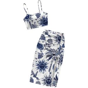 image:imageFloerns Womens 2 Piece Outfit Boho Camisole Tops and Drawstring Split Midi Skirt SetBlue and White