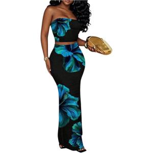 image:imageFloerns Womens 2 Piece Outfit Floral Print Strapless Crop Tube Top and Bodycon Long Skirt SetsMulticolor