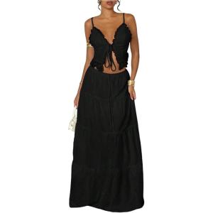 image:imageFloerns Womens 2 Piece Outfit Lace Trim Tie Front Camisole Top Tiered Maxi Skirts SetBlack