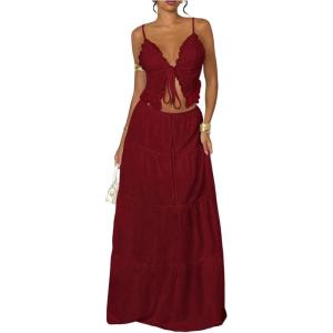 image:imageFloerns Womens 2 Piece Outfit Lace Trim Tie Front Camisole Top Tiered Maxi Skirts SetBurgundy