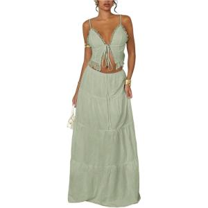 image:imageFloerns Womens 2 Piece Outfit Lace Trim Tie Front Camisole Top Tiered Maxi Skirts SetGreen