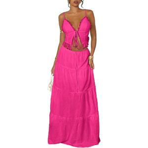 image:imageFloerns Womens 2 Piece Outfit Lace Trim Tie Front Camisole Top Tiered Maxi Skirts SetHot Pink