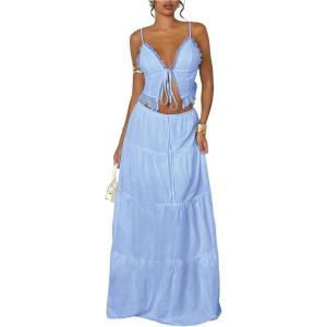 image:imageFloerns Womens 2 Piece Outfit Lace Trim Tie Front Camisole Top Tiered Maxi Skirts SetLight Blue