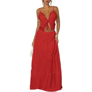 image:imageFloerns Womens 2 Piece Outfit Lace Trim Tie Front Camisole Top Tiered Maxi Skirts SetRed