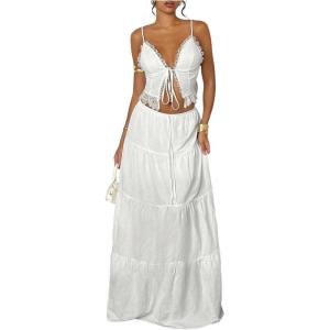 image:imageFloerns Womens 2 Piece Outfit Lace Trim Tie Front Camisole Top Tiered Maxi Skirts SetWhite
