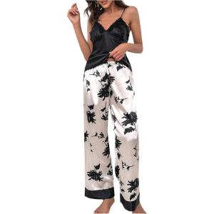 image:imageFloerns Womens 2 Piece Pajama Set Satin Lace Trim Camisole and Graphic Tie Front Pants SleepwearBlack