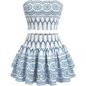 image:imageFloerns Womens 2 Piece Sets Vacation Outfit Strapless Tube Top with Layered Ruffle Mini Skirt SetBlue