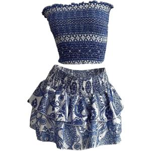 image:imageFloerns Womens 2 Piece Sets Vacation Outfit Strapless Tube Top with Layered Ruffle Mini Skirt SetBlue White Multi